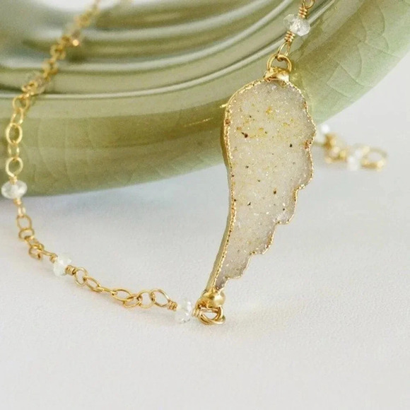 Drusy Pendant Feather Angel Wing Necklace